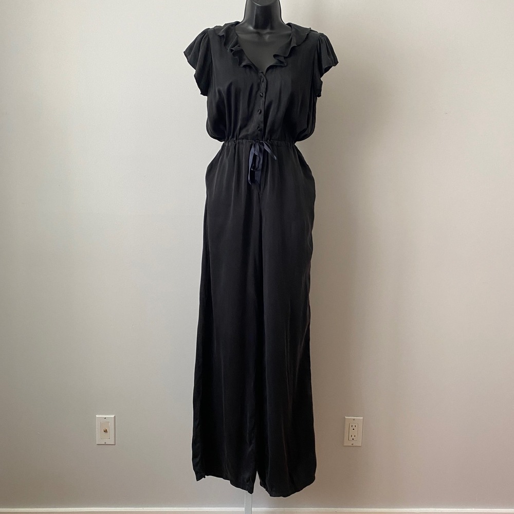 Unveil Silk Boho Witchy Relaxed Lagenlook Wide Leg Ruffle Jumpsuit OS Black